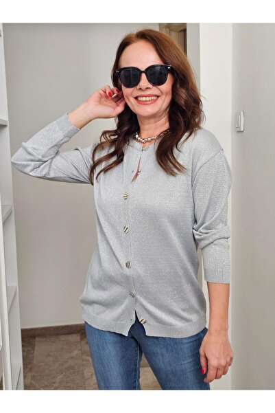 Felix Butik FELİX14352 Bisiklet Yaka Düğmeli Gümüş Simli Hırka