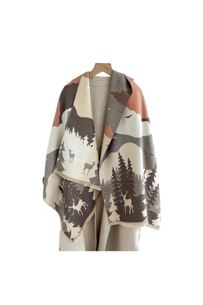 The Casius. Long shawl-style women's scarf, premium materials, mountain landscape pattern, multicolor