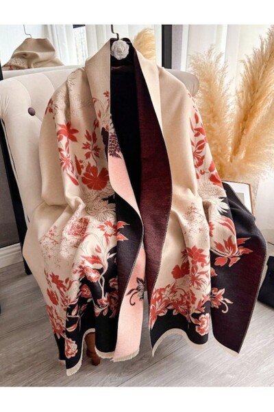 The Casius. The Casius Women's Shawl Scarf, Maple Red Leaves Pattern, Beige/Red/Black, 185x65 cm