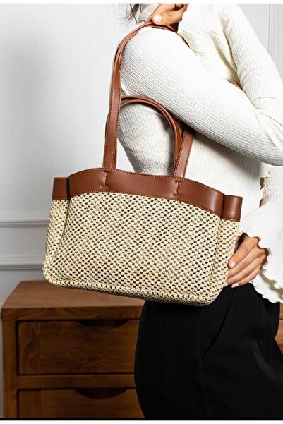 ÖZÜM TAKI Women's Straw Puppy Handbag and Shoulder Bag Brown