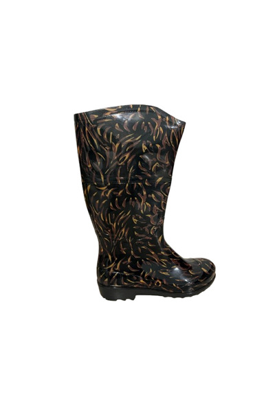Emek Women's Yellow-Black Patterned 35 cm Long Garden Rain Boots
