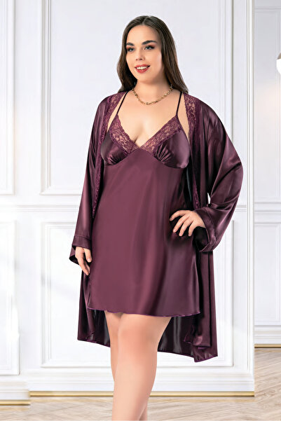 euro click Set de halat și cămașă de noapte din satin prună clasic, mărime ma...