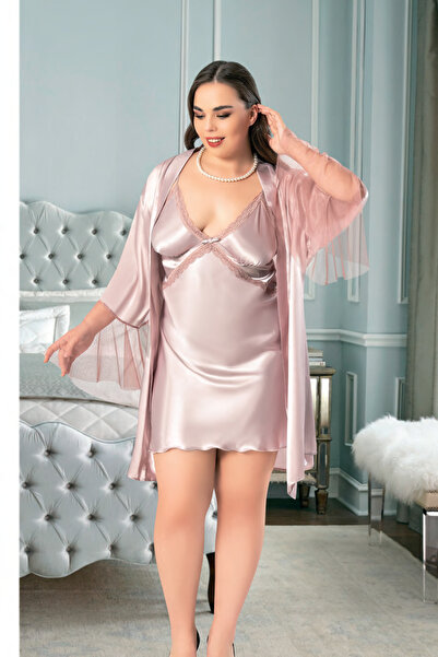 euro click Büyük Beden Romantik Pudra Saten ve File Kol Detaylı 2'li Gecelik ...