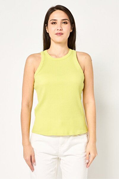 PROMOD Women Crew Neck Sleeveless Ribbed Tank Top, Lime Green