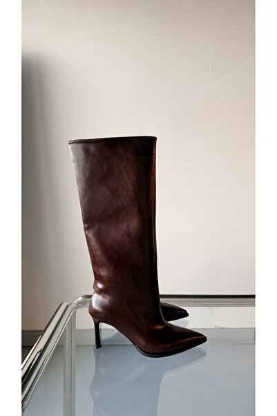 Eataly Shoes Γυναικείες μπότες River High με μυτερή μύτη με ραμμένη μπροστινή πλευρά σε ανοιχτό καφέ χρώμα