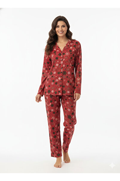BOYRAZ Kırmızı Süet Önden Düğmeli Yeniyıl Temalı Kadın Pijama Takımı 02271