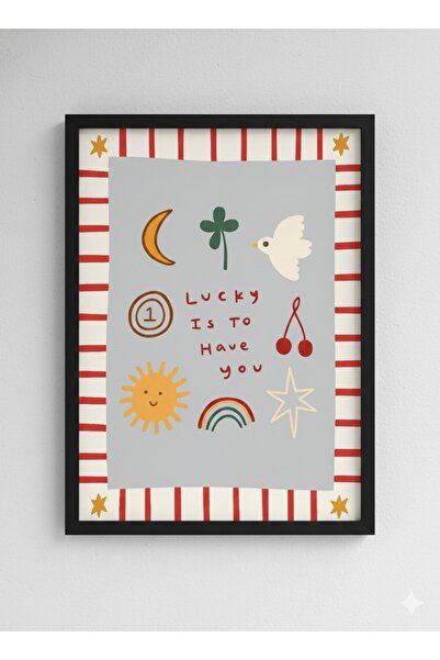 MIOVI Siyah Ahşap Çerçeveli Çocuk Odası Lucky Poster – Şans Figürlü Renkli İl...
