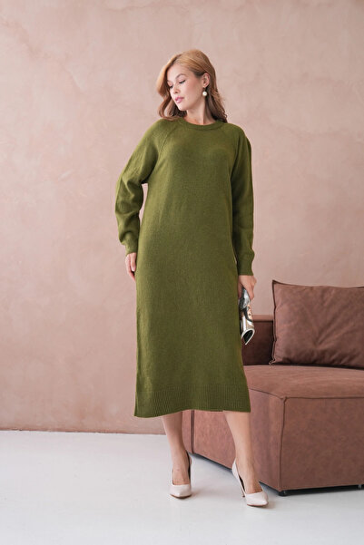 Park Karon Women's Crew Neck Soft Textured Maxi Size Fleece-Lined Oversized Knitwear Dress 8324Sw