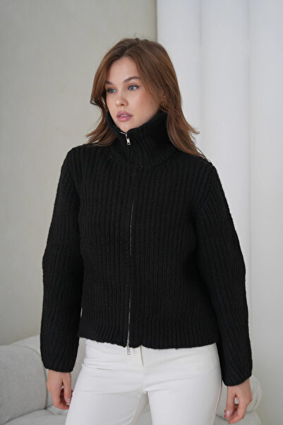 Park Karon Women's Turn-Down Collar Zipper Closure Corded Fabric Knitwear Jacket