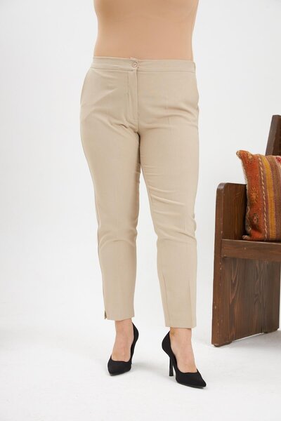 RMG Elastic Waist Mini Slit Plus Size Cream Fabric Trousers