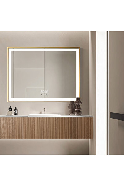 LedCorp Oglindă LED 80×60 cm, ramă aurie dreptunghiulară, senzor de mișcare, ...