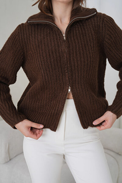 Park Karon Women's Turn-Down Collar Zipper Closure Corded Fabric Knitwear Jacket