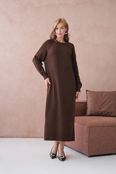 Park Karon Women's Crew Neck Soft Textured Maxi Size Fleece-Lined Oversized Knitwear Dress 8324Sw