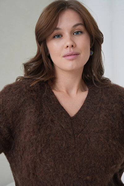 Park Karon Women's V-Neck Beard Textured Fleece-Lined Oversized Knitwear Sweater 8695