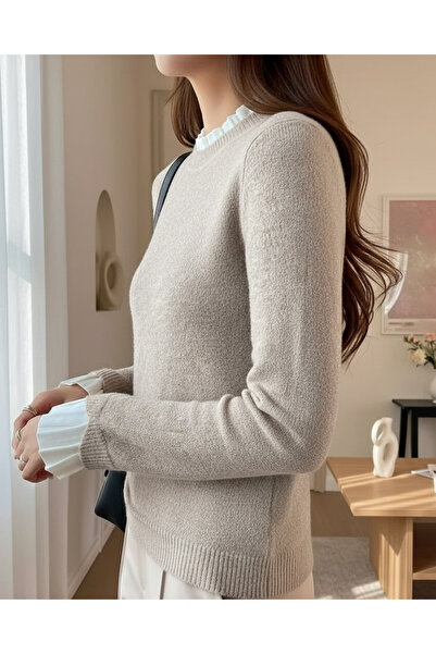 MissRunin Bluză cremă pentru femei, cu mâneci lungi, cu guler cu volane