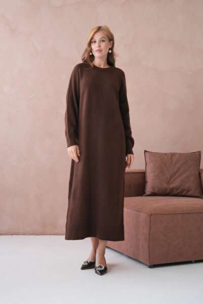 Park Karon Women's Crew Neck Soft Textured Maxi Size Fleece-Lined Oversized Knitwear Dress 8324Sw