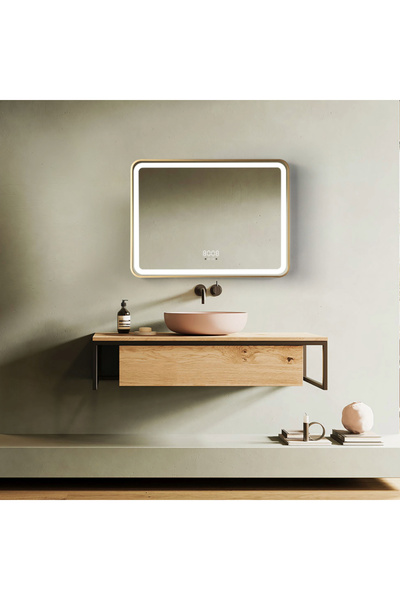 LedCorp Oglindă LED 80×60 cm, ramă aurie dreptunghiulară, senzor de mișcare, ...