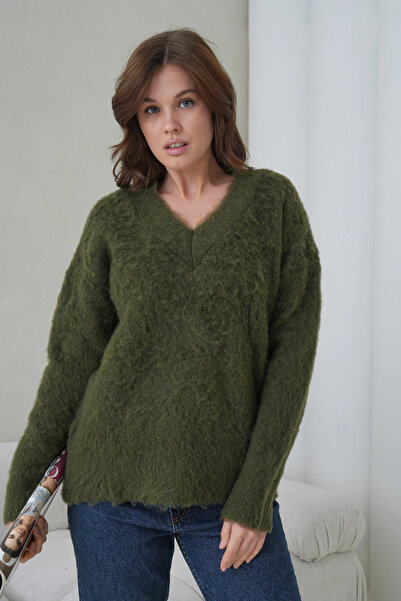 Park Karon Women's V-Neck Beard Textured Fleece-Lined Oversized Knitwear Sweater 8695