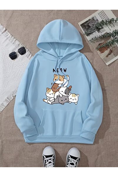LAYORA Cartoon Cats Printed Kangaroo Pocket Hooded Sweatshirt,