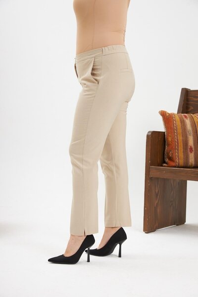 RMG Elastic Waist Mini Slit Plus Size Cream Fabric Trousers