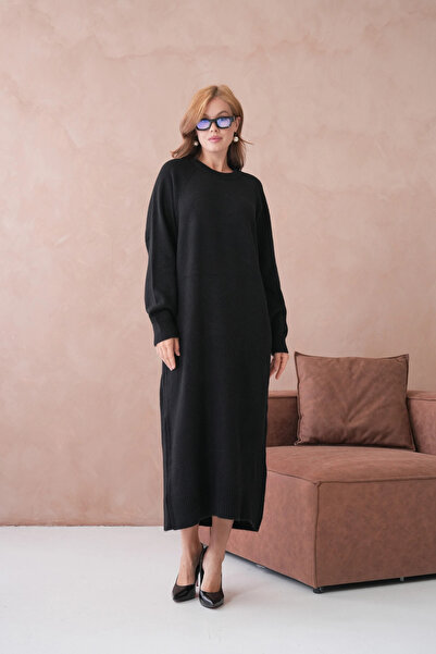 Park Karon Women's Crew Neck Soft Textured Maxi Size Fleece-Lined Oversized Knitwear Dress 8324Sw