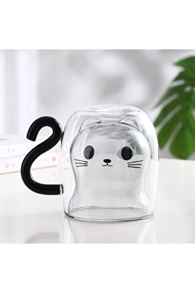 Hediye Rüzgarı Double Wall Glass Cup with Cat Figure – 330 ml Coffee & Tea Cup