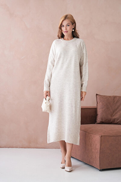 Park Karon Women's Crew Neck Soft Textured Maxi Size Fleece-Lined Oversized Knitwear Dress 8324Sw