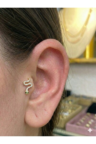 xmx Gold Renk Yeşil Gözlü Yılan Figürlü Cerrahi Çelik Tragus Helix Piercing