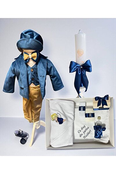 Botez Set Mateo – bluemarin cu crem din catifea cu tematica ingeras brodat
