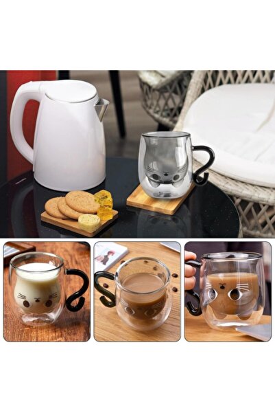 Hediye Rüzgarı Double Wall Glass Cup with Cat Figure – 330 ml Coffee & Tea Cup