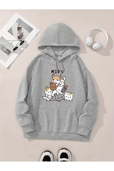 LAYORA Cartoon Cats Printed Kangaroo Pocket Hooded Sweatshirt,