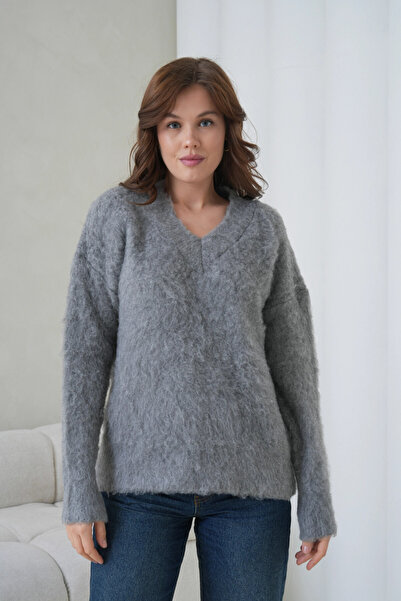 Park Karon Women's V-Neck Beard Textured Fleece-Lined Oversized Knitwear Sweater 8695