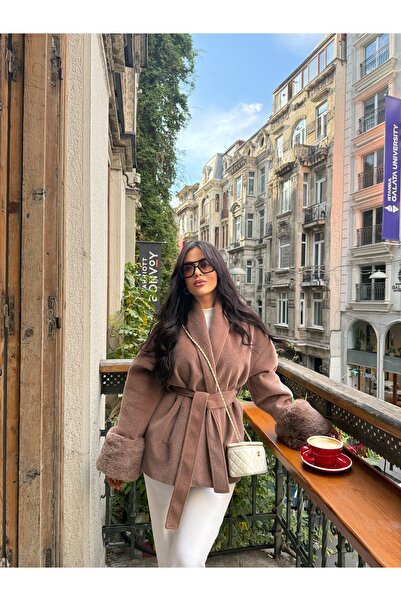 Berf Double-Breasted Collar Belted Cashmere Coat with Fur Detail on the Sleeves