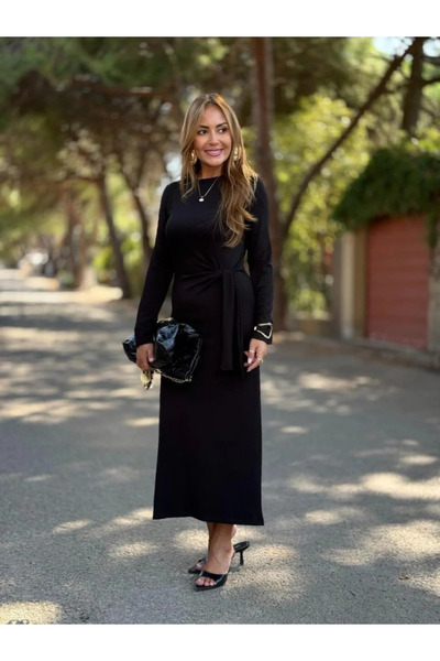 MADAMNİZ Women's Long-Sleeved Crew Neck Side-Tie Long Modal Dress