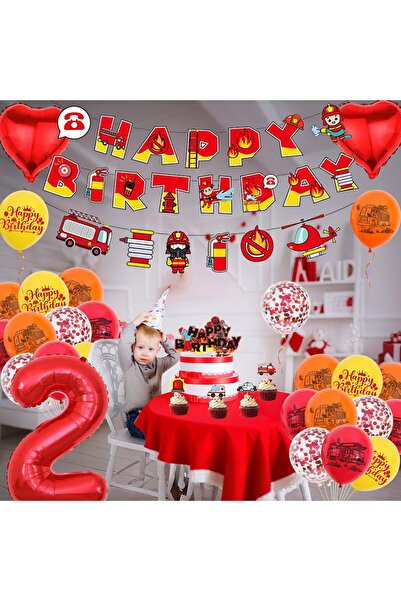 OEM Birthday party for a 2 year old boy, with firefighters, balloons, garland and cake decoration, textile banner