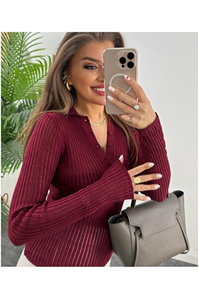 Mars Polo Yaka Tül Örgü Transparan Detaylı İnce Triko Kazak