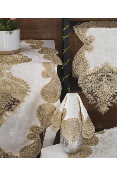 Madamca Mari̇ Velvet French Lace 5-Piece Runner Set Living Room Set Tablecloth Set