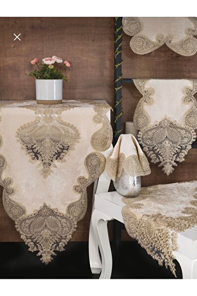 Madamca Tina Cappuccino Velvet French Lace 5-Piece Living Room Set Tablecloth Runner Set