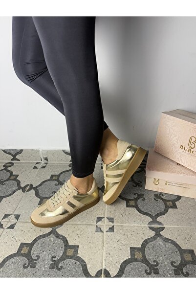 BURCU COLLECTİON Paula Lace-Up Golden Sports Shoes