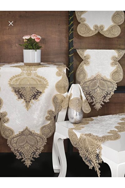 Madamca Mari̇ Velvet French Lace 5-Piece Runner Set Living Room Set Tablecloth Set