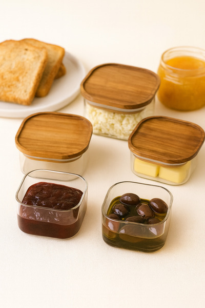 Mirilliahome 6-Piece Square Breakfast Set with Acacia Lid – Glass Presentation and Storage Containers