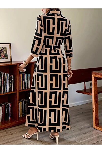 Nnstartshopping Women's Long Sleeve Collared Front Buttoned Long Single Jersey Dress