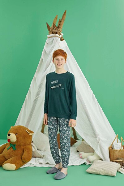 Aydoğan Boy's Waiter Green Fleece Pajama Set Long Sleeve - 240884- Aydogan ®