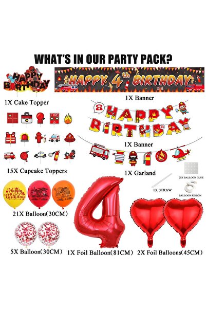 OEM Birthday party for a 4 year old boy, with firefighters, balloons, garland and cake decoration, textile banner