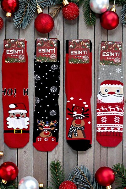 Esinti 4 Pairs Unisex Christmas Socks Colorful Patterned Gift New Year Men Women Long Socks Set