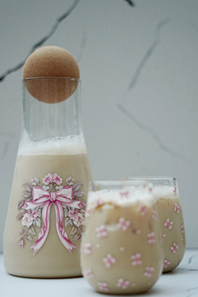 Caga Home CAGA PİNTEREST Pembe Fiyonk Desenli 2 Parça Bardak ve Borosilikat C...