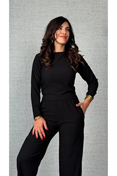 Kokosh moda Women's Long Sleeve Crew Neck Wrinkled Blouse and Pants Two-Piece Set