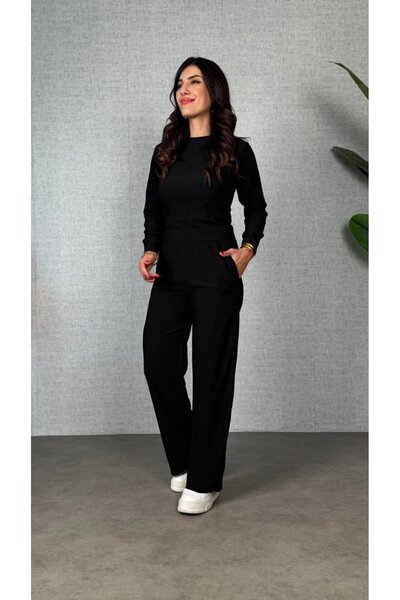 Kokosh moda Women's Long Sleeve Crew Neck Wrinkled Blouse and Pants Two-Piece Set