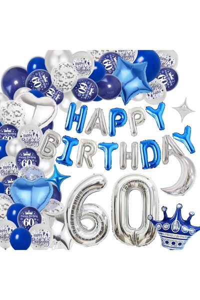 OEM Baloane aniversare, de 60 de ani, albastru argintiu, balon gigant folie cu numarul 60
