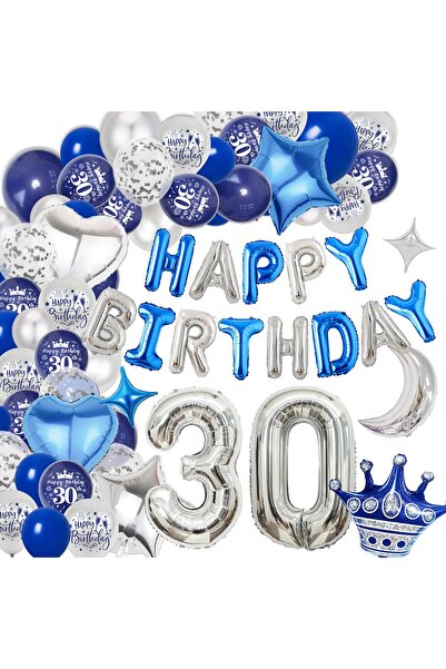 OEM Baloane aniversare, de 30 de ani, albastru argintiu, balon gigant folie cu numarul 30
